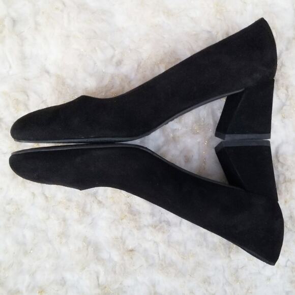 Classic Square Toe Pumps Stuart Weitzman Marymid Size 5 Black Suede Leather Heel - Picture 13 of 13